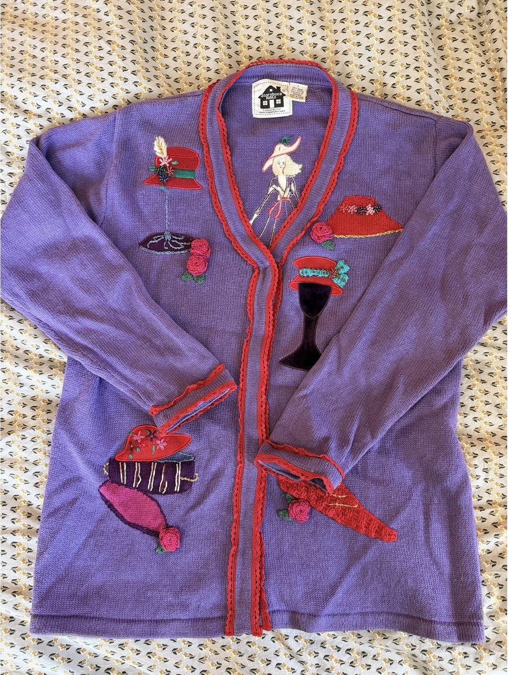 Storybook Knits Purple Cardigan Sweater with Embroidered Hats and Lady Motif, Sz